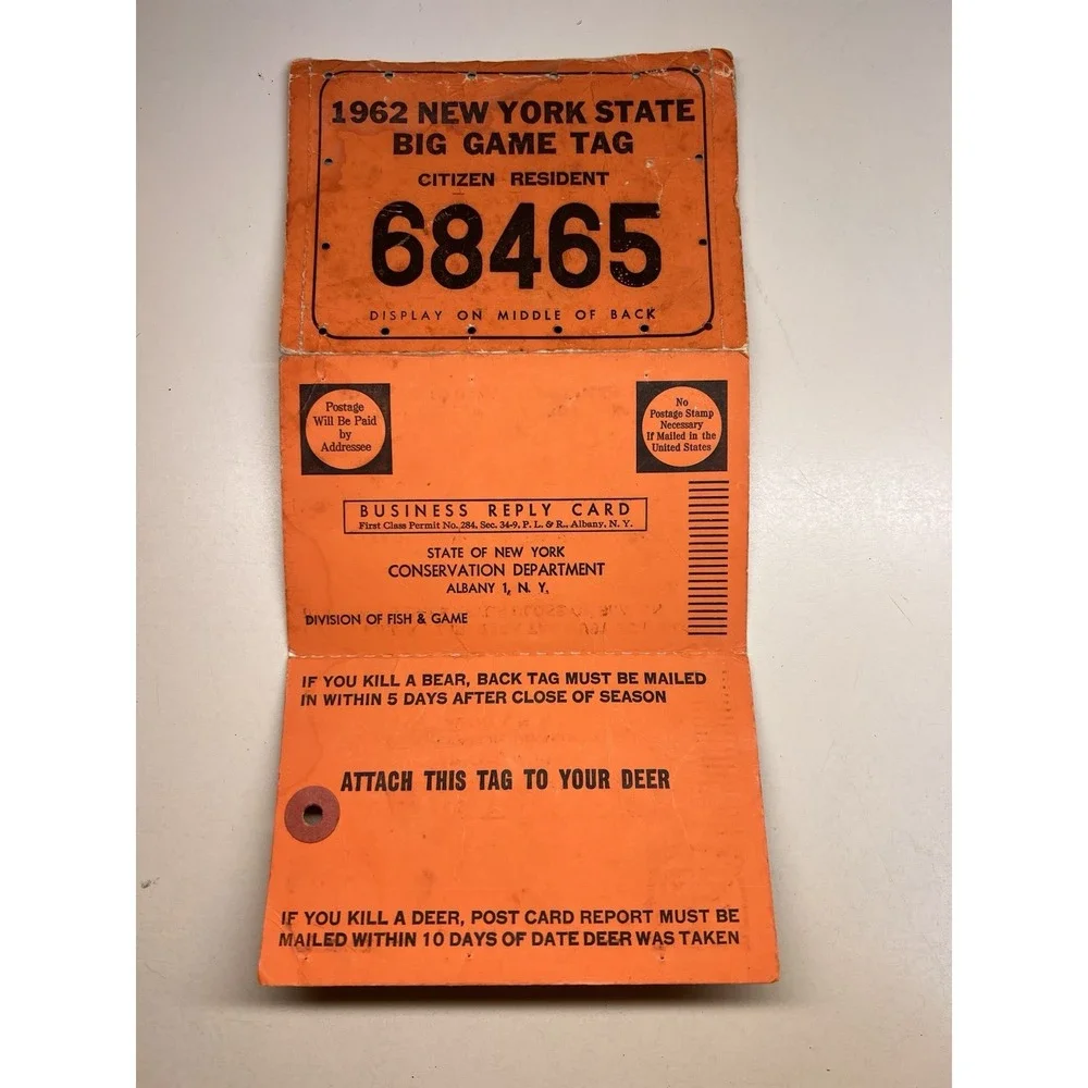 Vintage NYS Big Game Hunting Tags Lot 1956–1962 Deer Bear License Paper Ephemera